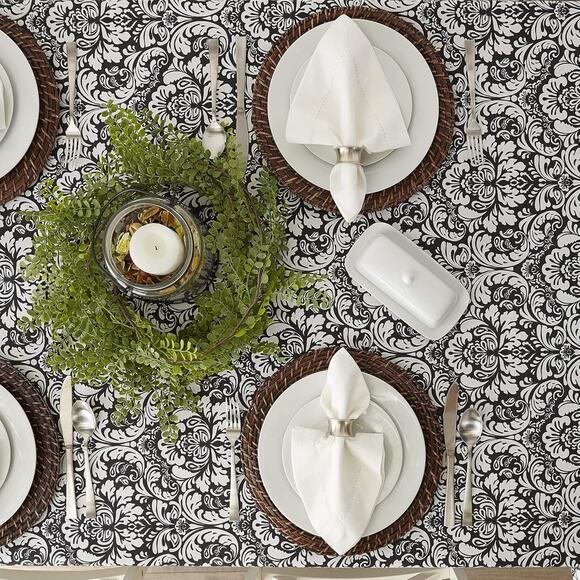 Damask Tango Red 70’ Round Tablecloth, Black - Picture 1 of 5